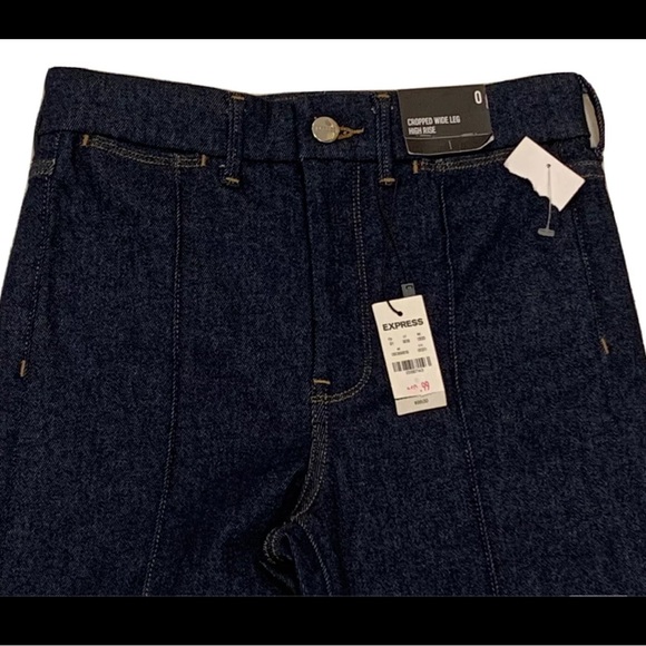 NWT - $98 Express Size 0 Cropped Wide Leg High Rise Dark Wash Blue Jeans - 26x24 - Picture 3 of 5